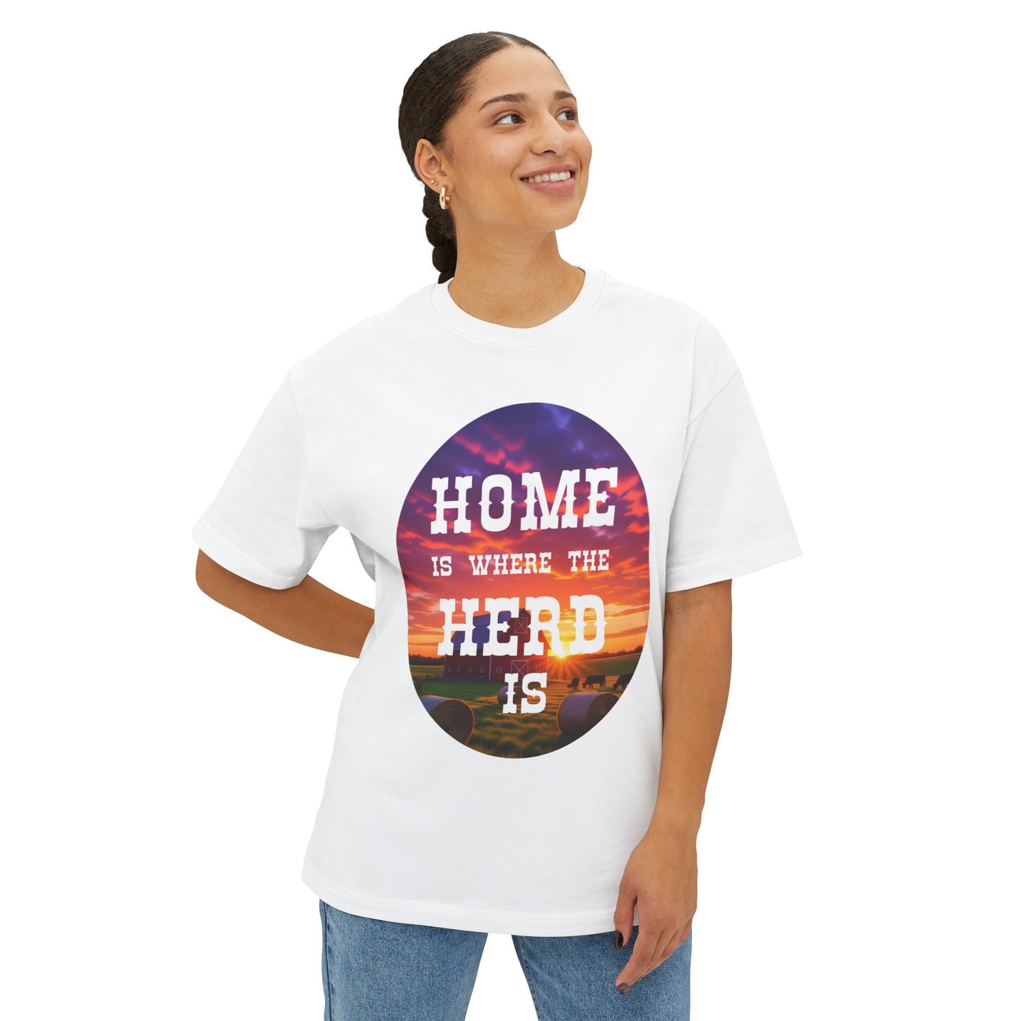 Home is Where the Herd Is Boxy Tee - Unisex Oversized T-Shirt, Casual Wear, Gift for Animal Lovers, Home Decor, Farm Life